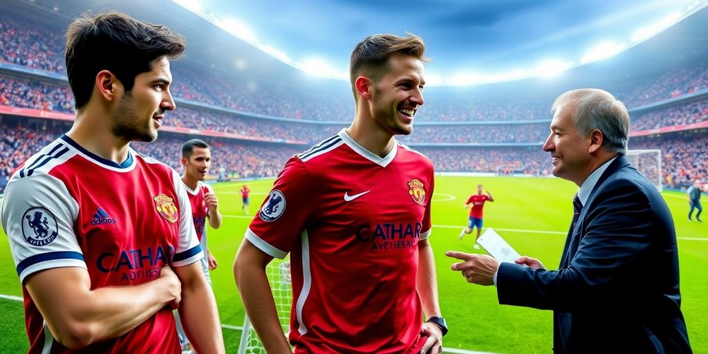Soccer players and agents in a vibrant transfer market scene.