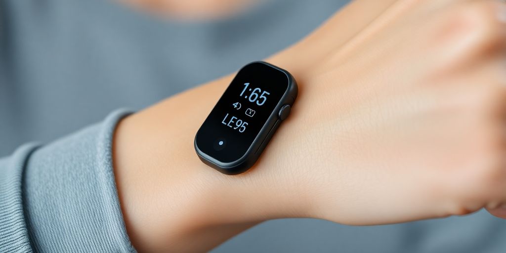 Person wearing a sleek blood glucose monitoring device on their arm.