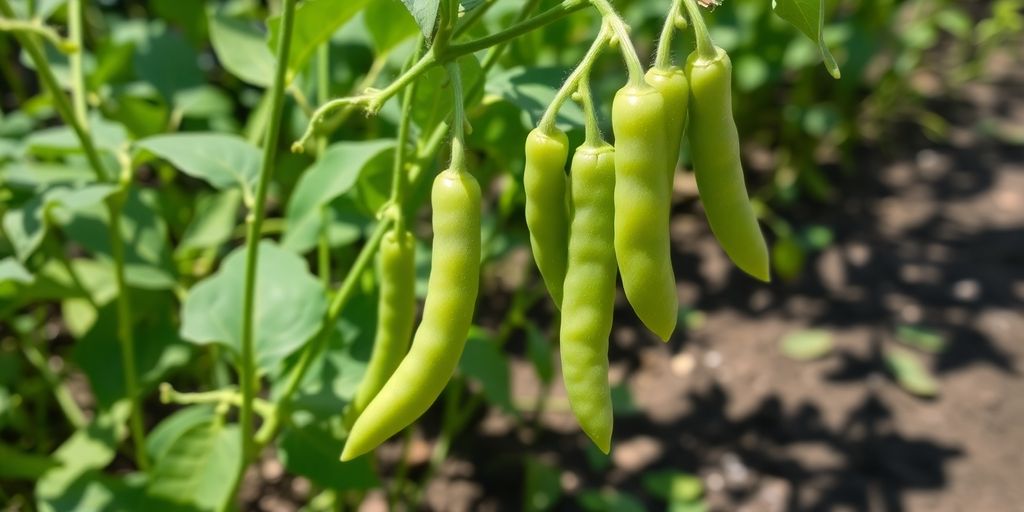 Zuckererbsenpflanzen mit reifen Schoten im Garten.