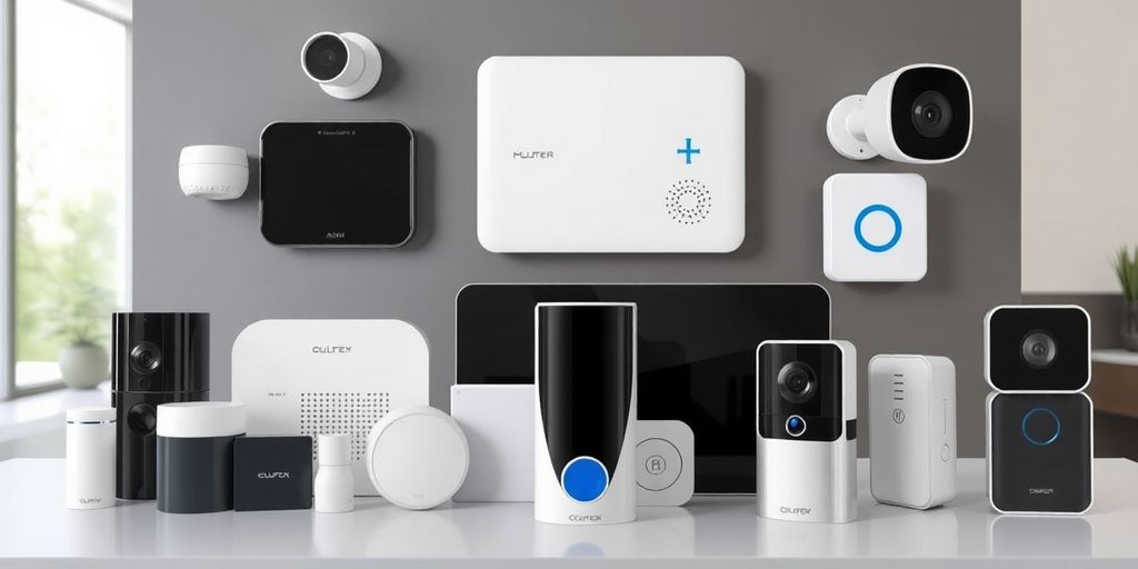 Modern security devices including sensors and smart alarms.