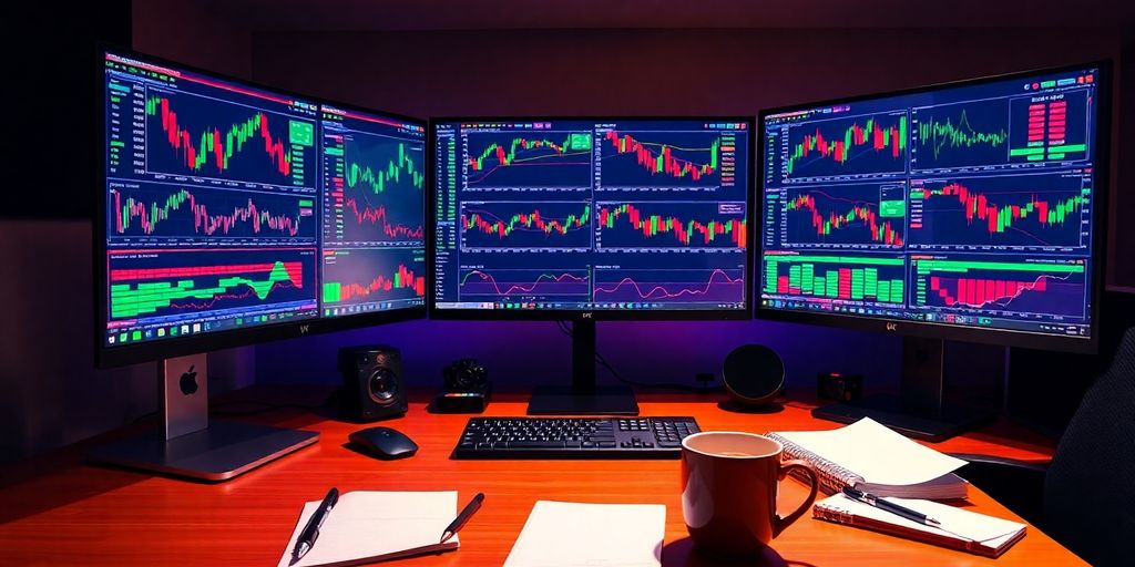 Modern trading desk with monitors and personal items.