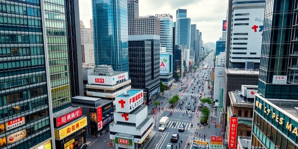 Aerial view of Tokyo's busy business districts with skyscrapers.