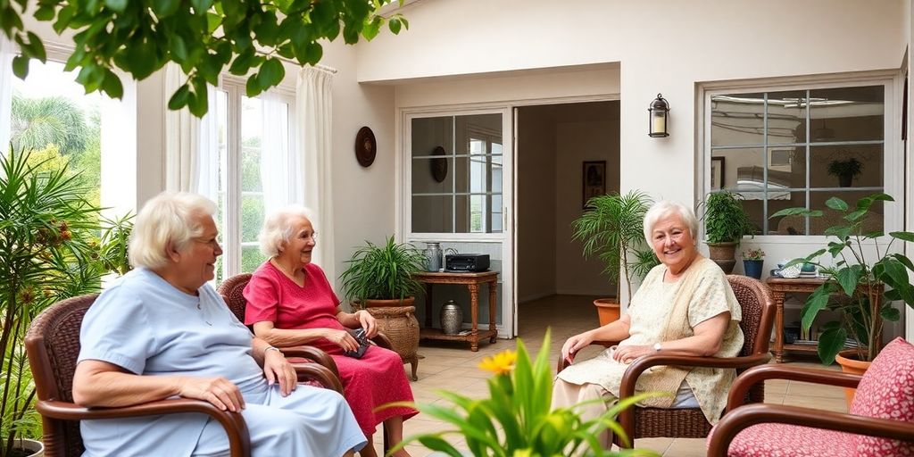 Imagem de uma casa de repouso acolhedora com idosos.