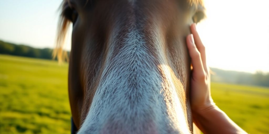 Horse and person connecting outdoors.