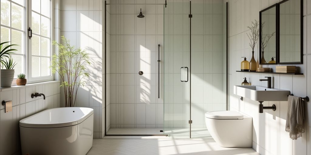 Elegant renovated bathroom with modern fixtures and natural light.