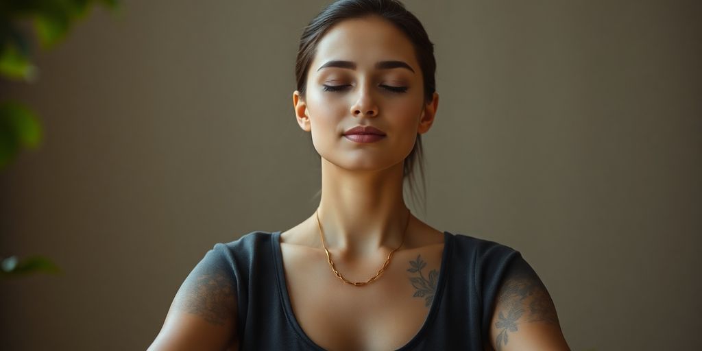 Person meditating, soft light, calm expression.