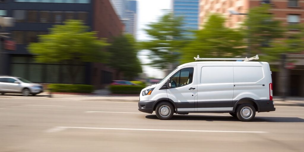 Ford E-Transit van navigating a city street.
