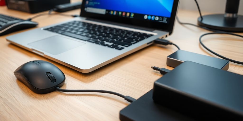 Laptop com periféricos em um ambiente de trabalho organizado.