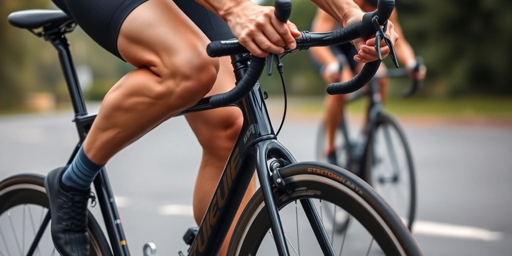 Cyclist's powerful quads during a race.