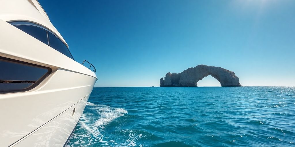 Luxury yacht cruising turquoise Cabo San Lucas waters.