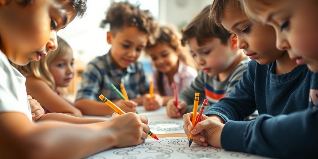 Kids coloring, focused, calm classroom scene.