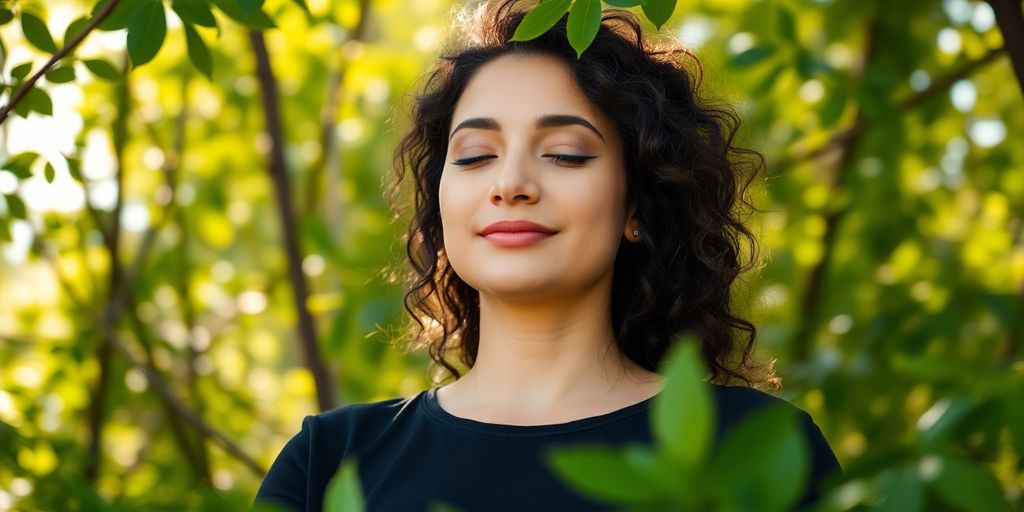 Person meditating peacefully in a tranquil natural setting.