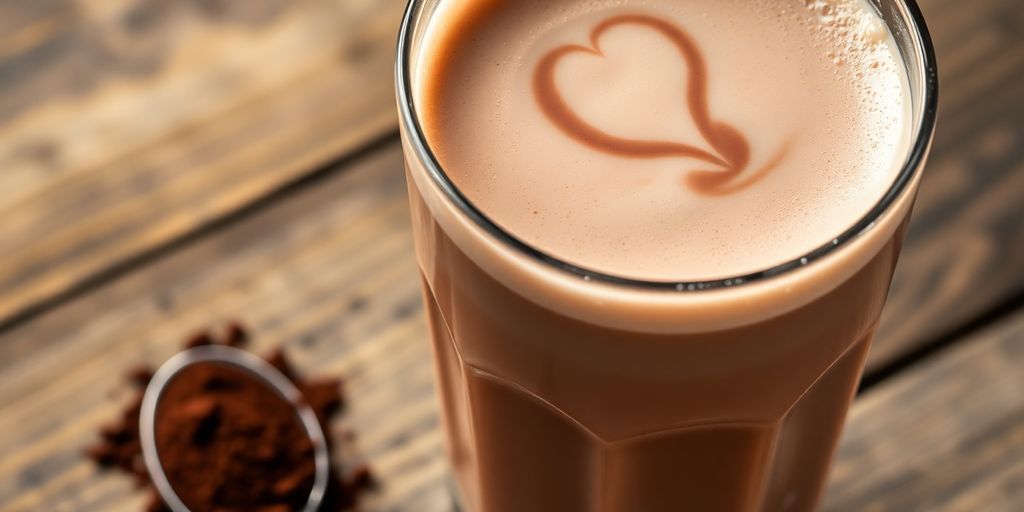 Chocolate milk in a glass, with cocoa powder around.