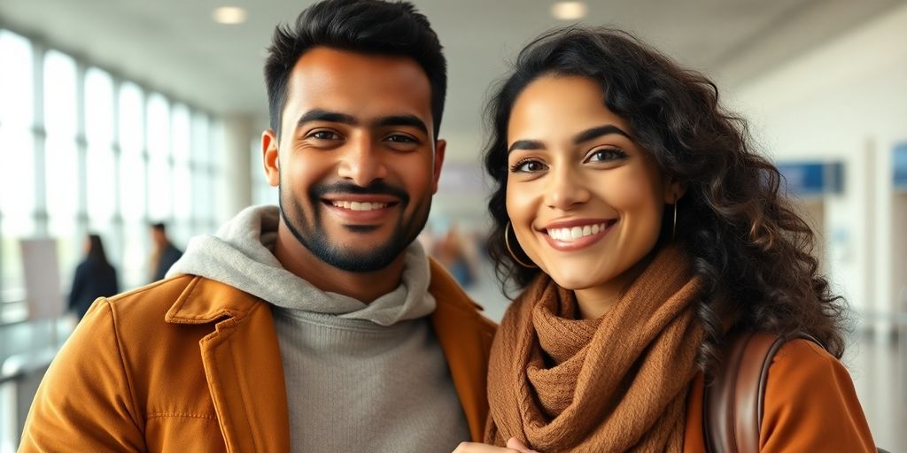 Couple embracing, holding hands, travel bags beside them.