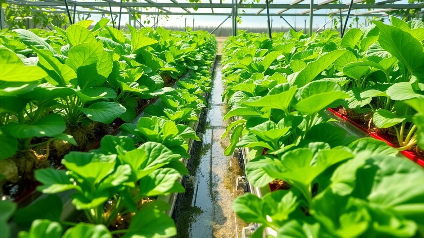 Lush green vegetables growing hydroponically in water channels.