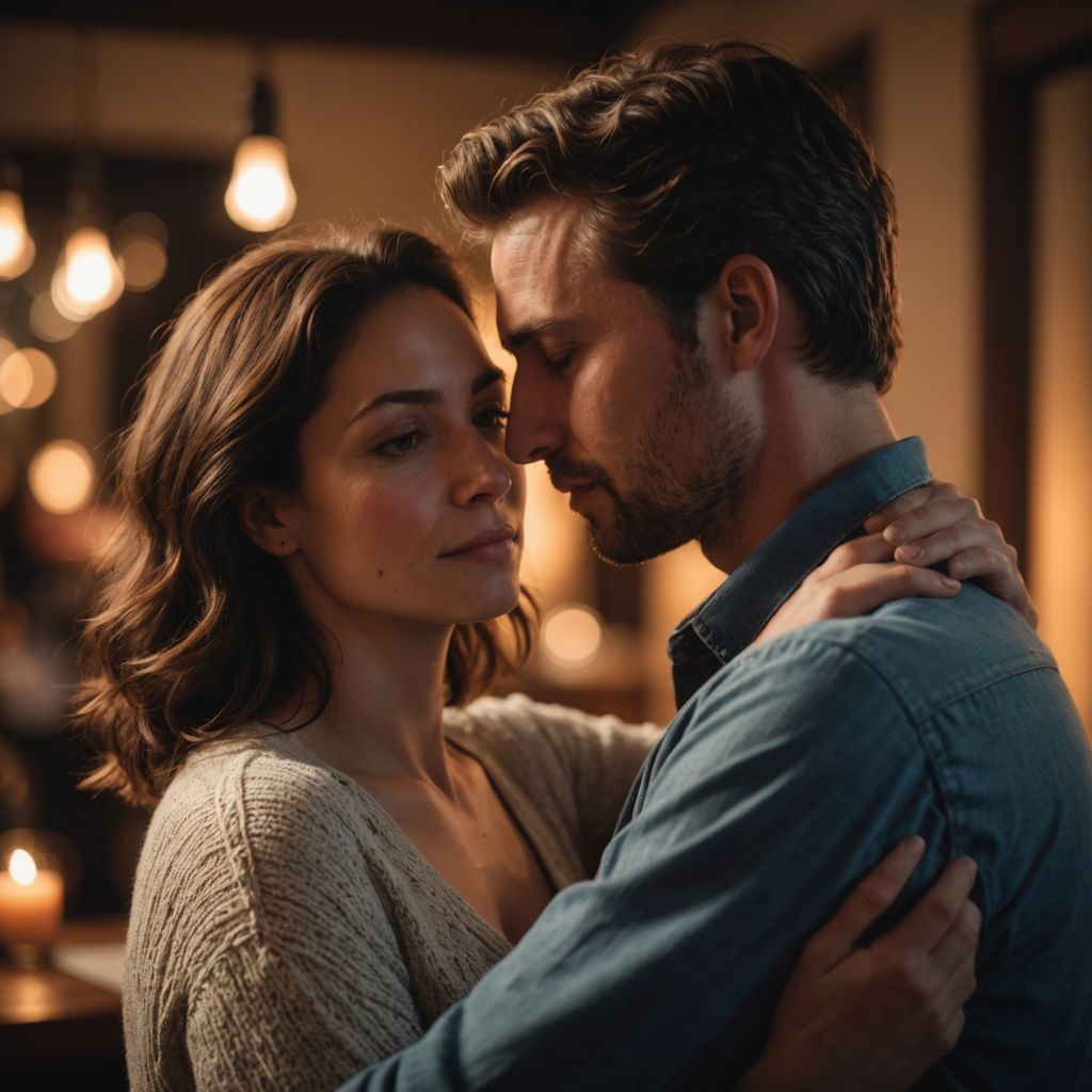 Couple in intimate embrace with soft lighting.