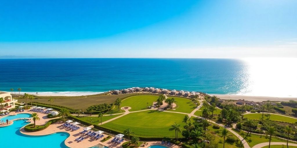 Dreams Los Cabos Golf Resort with pools and ocean view.