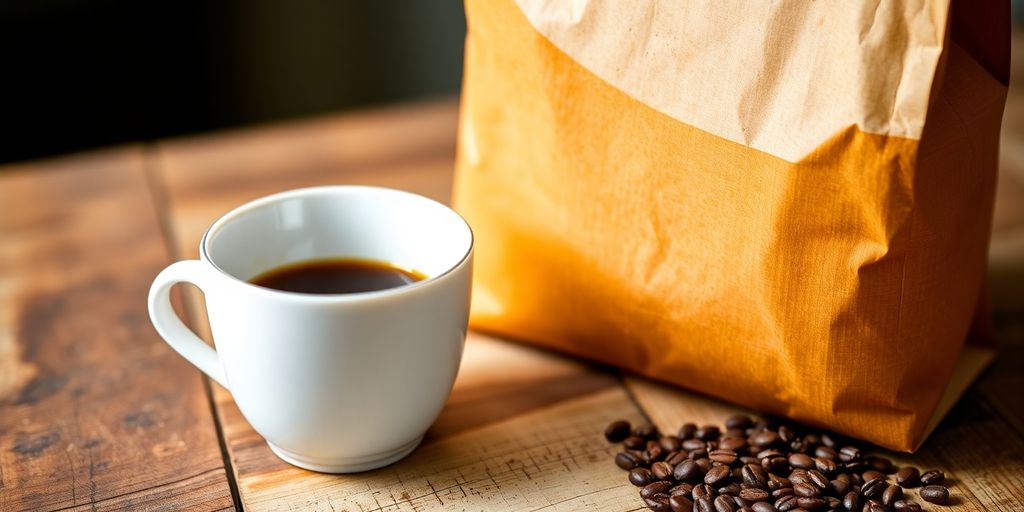 Coffee bag next to a mug.
