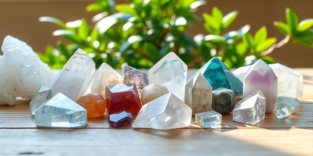 Cristalli colorati su superficie di legno con piante.