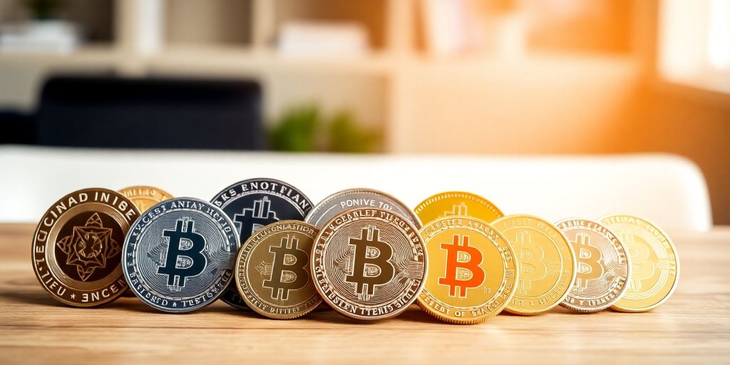 Colorful cryptocurrency coins on a wooden table.