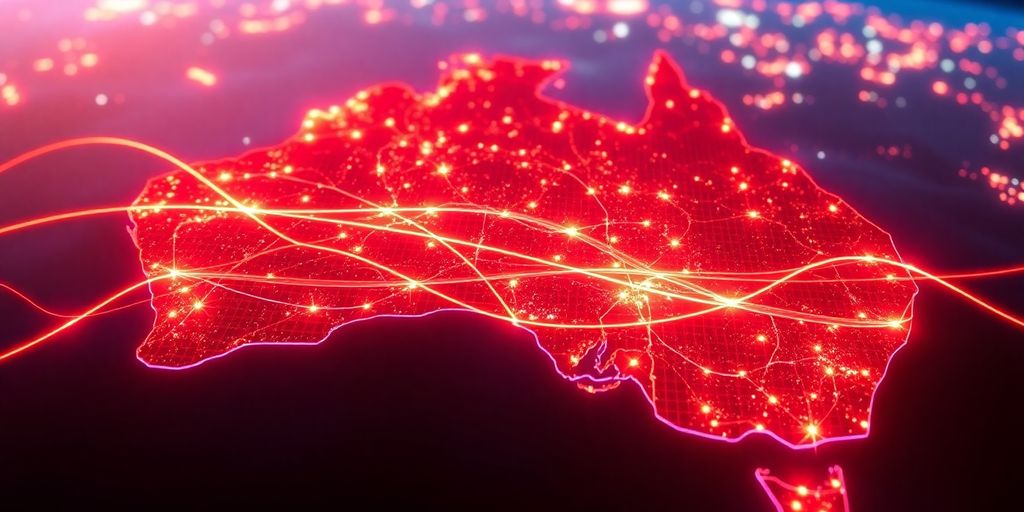 Australian landscape with glowing internet connection lines.