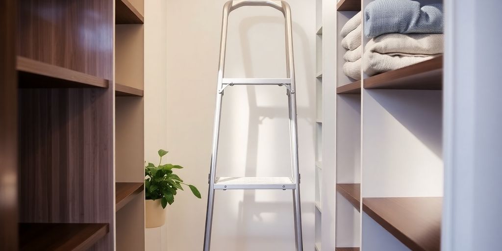 Ladder neatly stored indoors, home setting.
