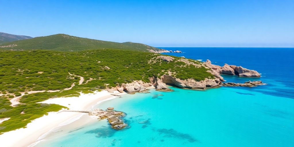Vue aérienne de la plage de Palombaggia en Corse.