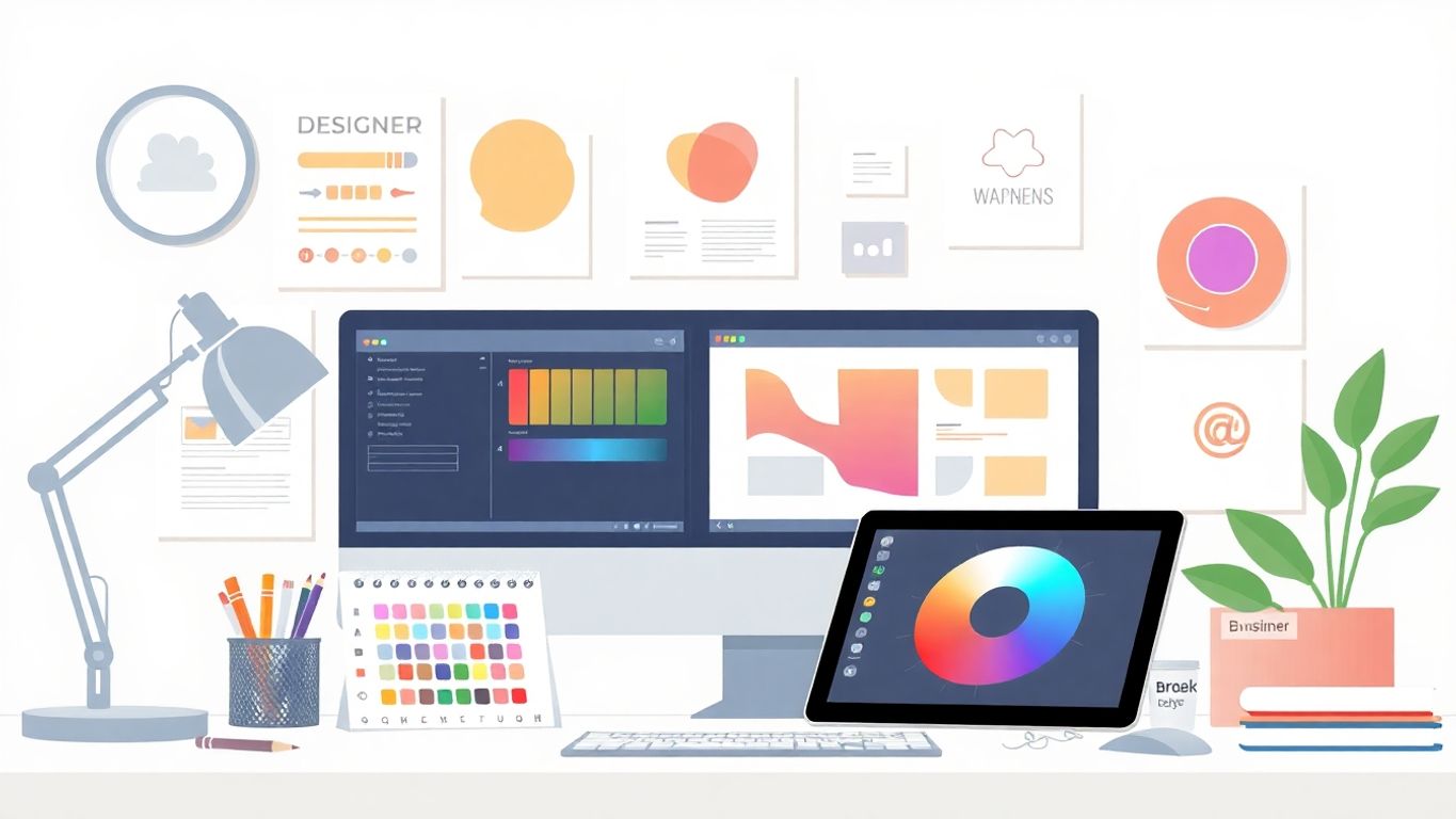 Grafisk design med verktøy i myke farger.