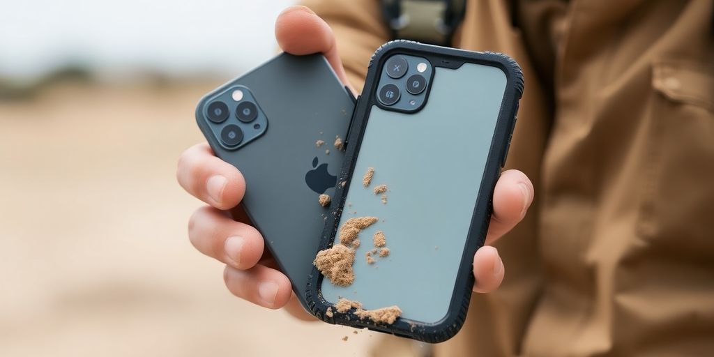 iPhone 12 dust proof case in a dirt environment.