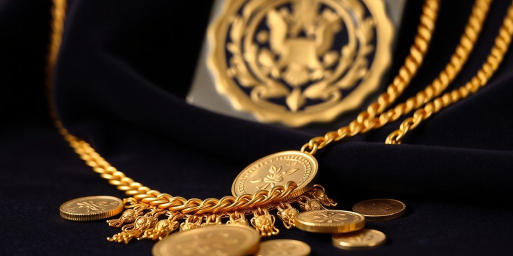 Collier en or et pièces sur un tissu en velours.