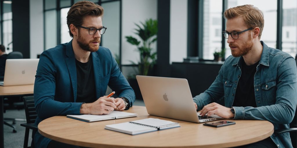 Two people discussing coding problems