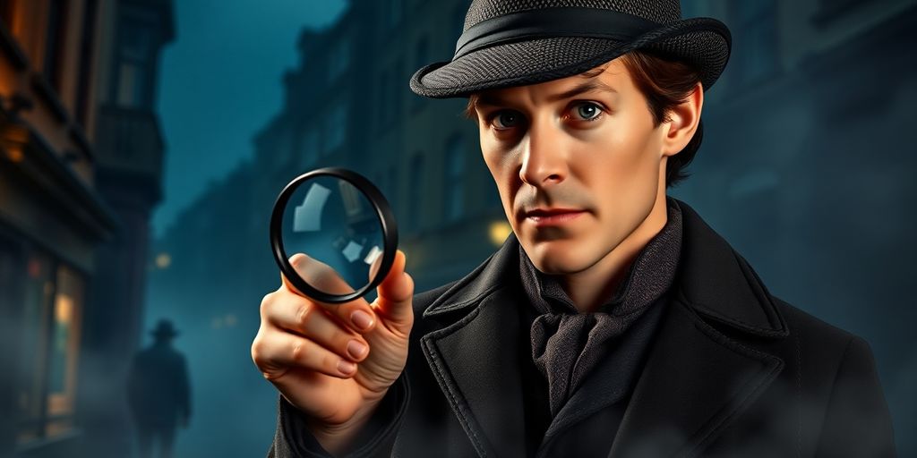 Sherlock Holmes in Victorian setting with magnifying glass.