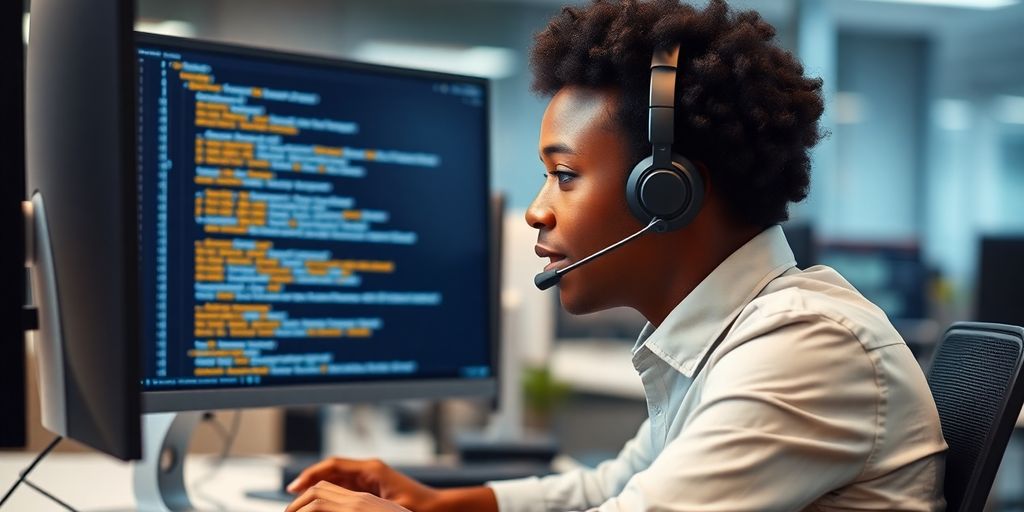 Person assisting customer on computer.