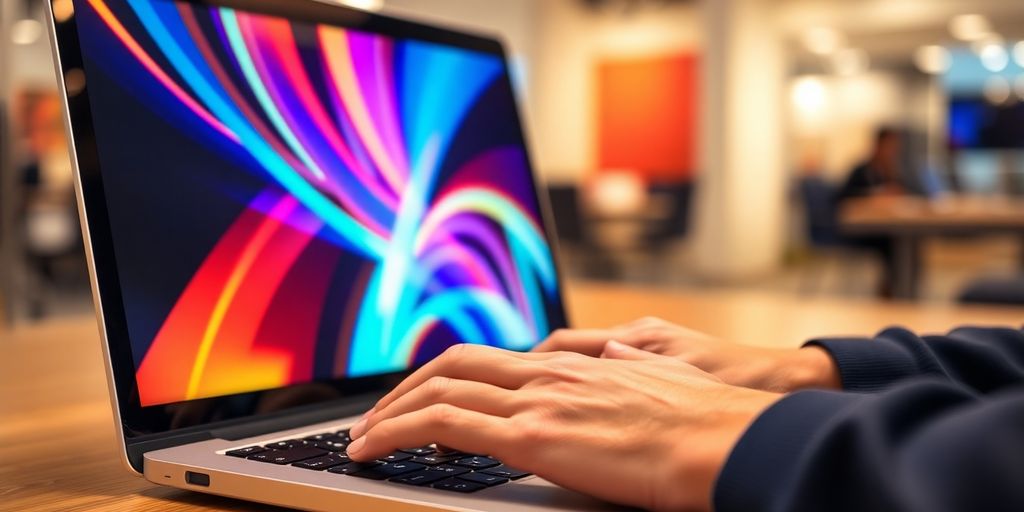 Irish marketer working on laptop, vibrant colours.