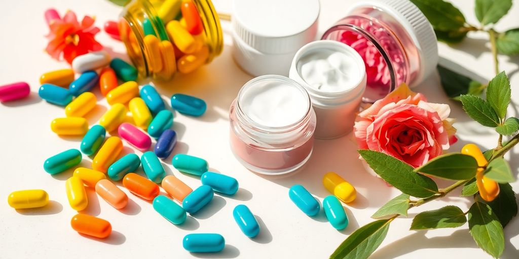 Colorful supplements and skincare products on a light surface.