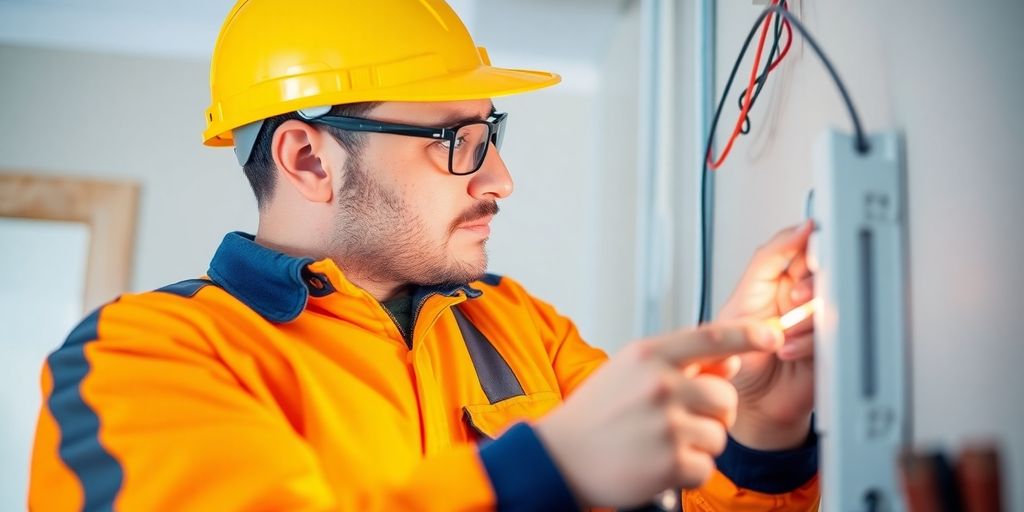 Electrician inspecting wires with tools in a cozy home.