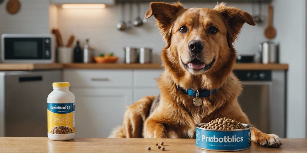 Happy dog with shiny coat next to dog food bowl and probiotics bottle in a bright kitchen.