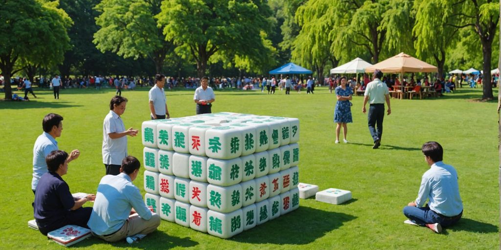 People playing with giant Mahjong tiles outdoors