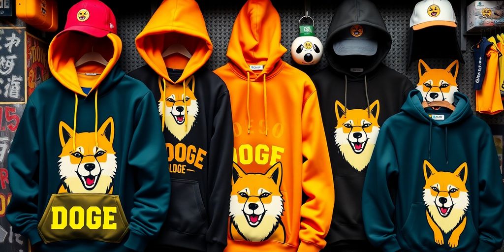 Colorful DOGE streetwear merchandise displayed attractively.
