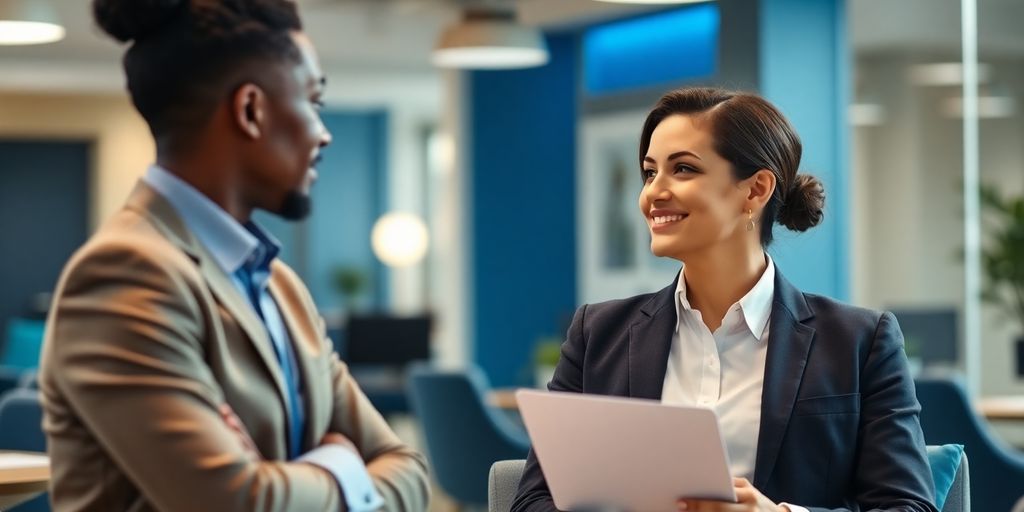 So planen Sie Ihren Personalbedarf optimal mit Zeitarbeit Personaldienstleister im Gespräch mit Bewerbern im Büro.