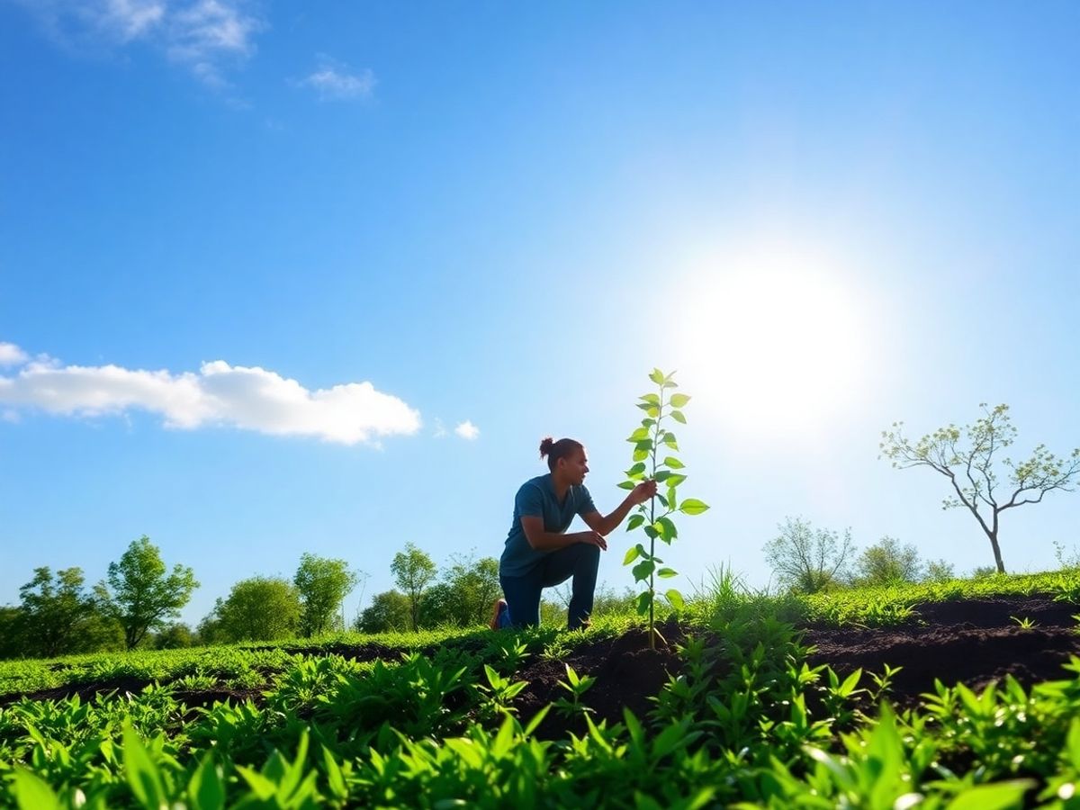 Peisaj verde cu copaci și o persoană care plantează.