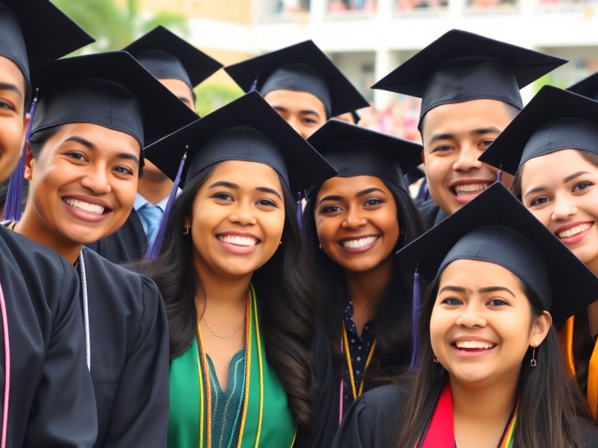 Latino students celebrating graduation in caps and gowns.