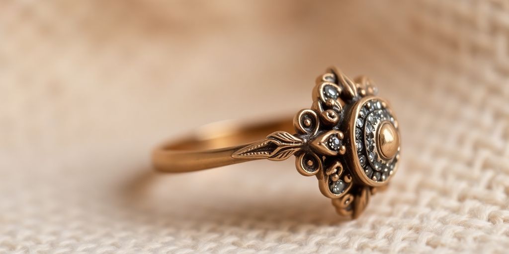 Détail d'une bague vintage avec design complexe.