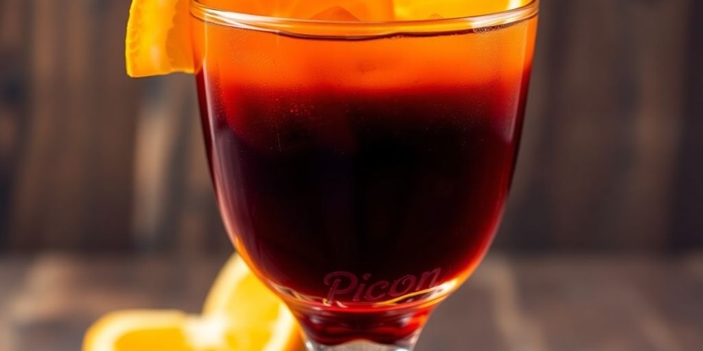 Un vaso de Picón con una rodaja de naranja.