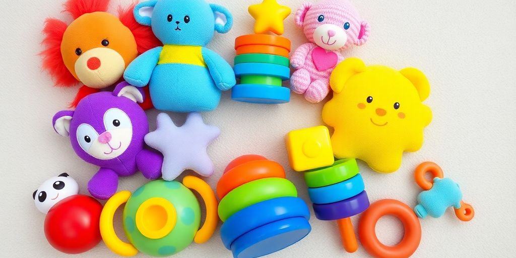 Brinquedos para Bebês: Dicas para Escolher com Segurança e Diversão 1 Brinquedos coloridos e seguros para bebês sobre uma superfície macia.
