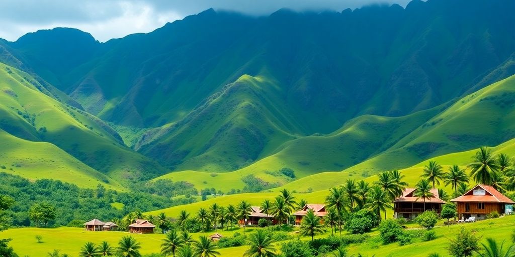 Lush green valley with traditional Marquesan houses