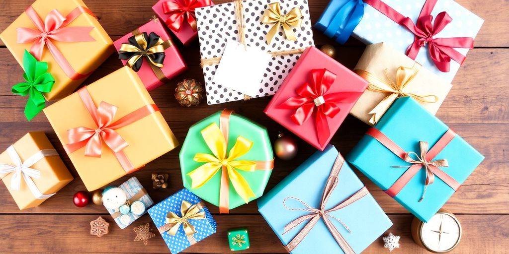 Colorful wrapped gifts on a wooden table.