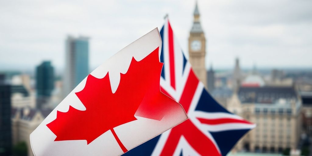 Maple leaf and British flag intertwined, representing Canada and UK.