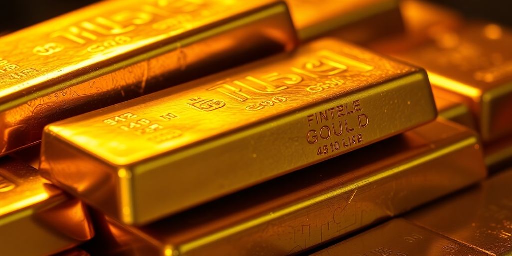 Gold bars shining under a warm light.