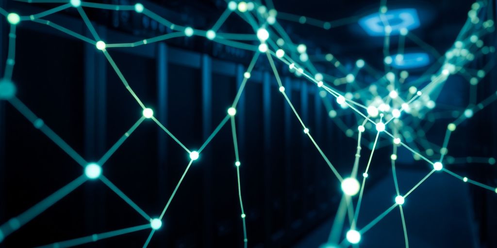 Glowing blockchain network connecting mining computers.